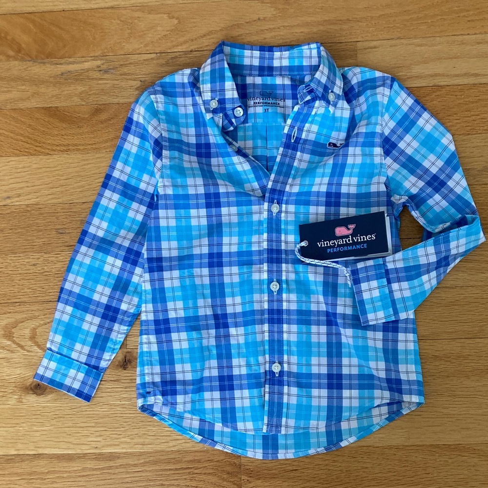 Vineyard Vines Kids Turquoise and Navy Plaid Shirt 3T brand new